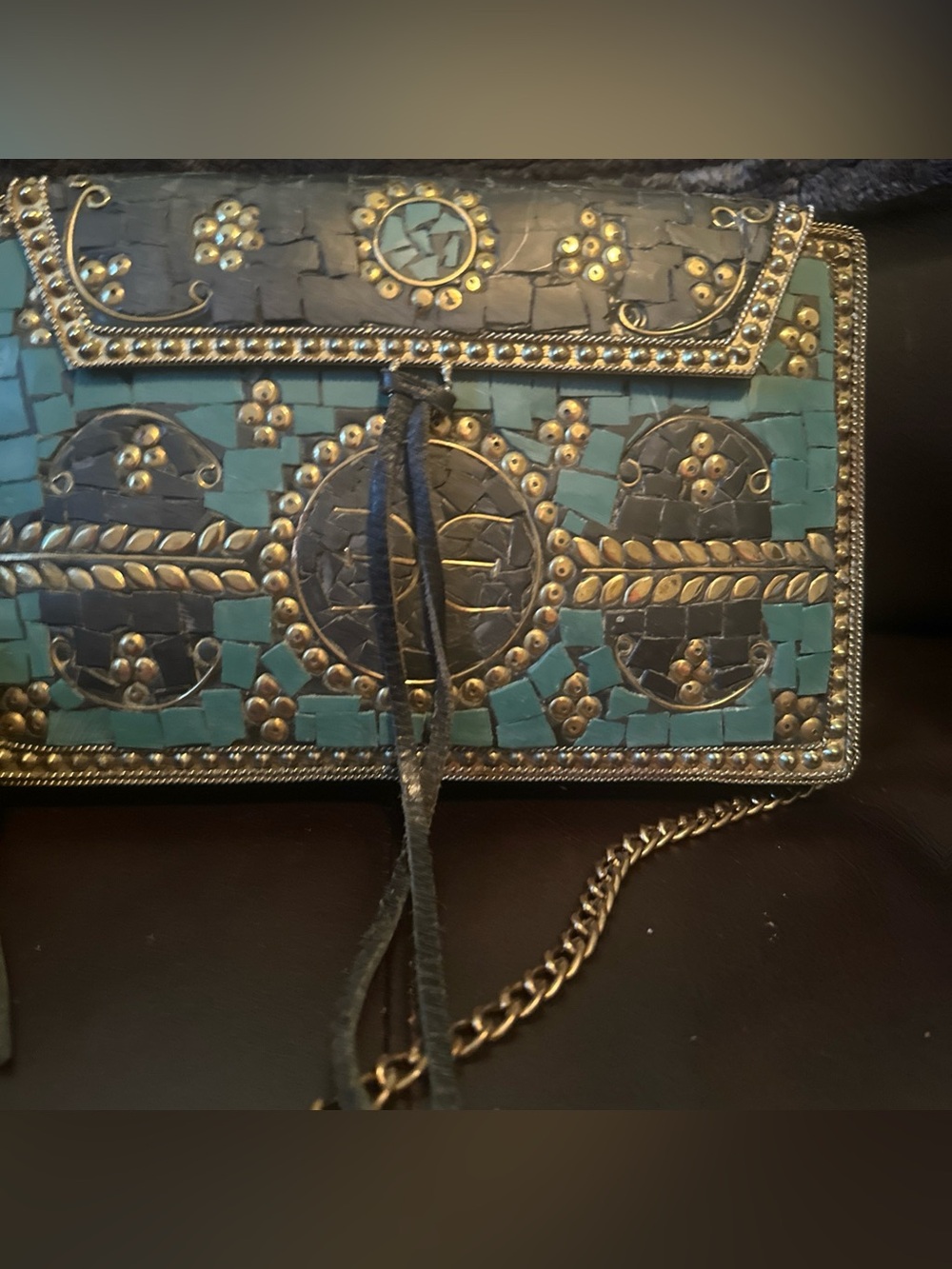 Sam Edelman Turquoise Mosaic Stone Embellished CrossbodyClutch with Gold Chain
